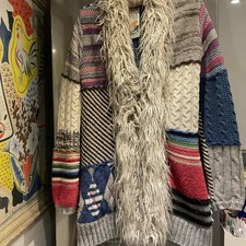 DESIGUAL BOHO SHAGGY HIPPIE HAND KNIT MULTI COATIGAN WITH FAUX FUR COLLAR SIZE S