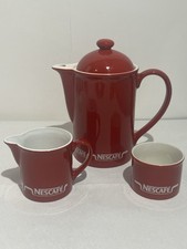 Nescafé Coffee Pot Milk Jug Sugar Bowl Set Red Vintage Kiln Craft Retro Round