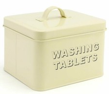 WASHING TABLETS TIN Cream Metal Tin With Grey Lettering For Powder or Capsules 