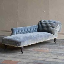 Antique Chaise Longue Original Light Blue Velvet Button Back Rest Bulbous Legs