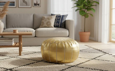 PREFILLED Boho Genuine Moroccan Leather Ottoman Pouffe Pouf Footstool In Gold