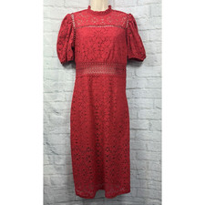 Next Midi Bodycon Dress Sz 8 Petite Red Lace Party Occasion Sheer Waist BNWT