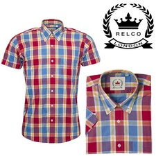 Relco Men's Blue Red Tartan Check Short Sleeve Button Down Collar Mod Ska Shirt