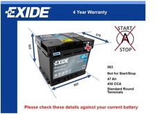 Battery fits MAZDA 2 MX5 XEDOS 121 Exide 063 450A 47Ah 4Yr Warranty New