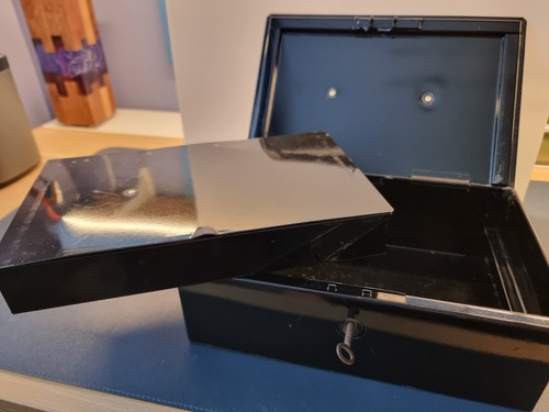 Vintage black metal cash box - metal,