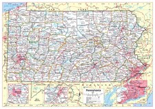 Pennsylvania State Wall Map Large Print Poster - 34"Wx24"H