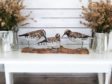 Sandpipers (3) Mounted on Driftwood / Hand Carved Chic Coastal Bird Ornament