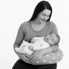 Small White on Grey Baby Nursing & Feeding Pillow – Pregnancy Support + Cover