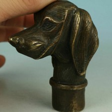 collectable Old Bronze Hand Carved Fierce Dog Statue Walking Stick Head