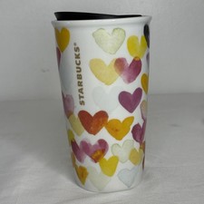 Starbucks Ceramic Travel Mug Tumbler Hearts 10 oz Multicolor Cup Lid 2015 Gift