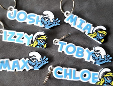 Personalised Smurfs & Smurfette Theme Keyrings for Birthday Party Bag Favour's