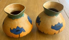 Vintage Crown Devon M/S Matte Orange Blue Floral Jug 6" Rare (PAIR)