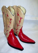 Vintage Botas Jaca Hand Made Red & Cream Leather Cowboy Boots Size 7 VGC