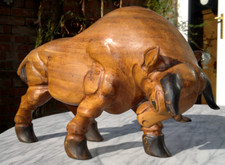 Large Vintage Carved  Solid Teakwood Charging Bull   16"/41cms