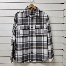 H&M Men's Grey White Plaid Shirt Size Large Flannel Regular Fit Button-Up Cowboy