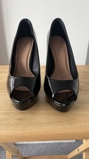 New Look Open Toed Black Patent Platform Stiletto Heeled Shoes Size 6