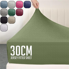 Cotton Jersey Fitted Sheet 30cm Deep Soft Hotel Bedding Single Double King Sizes