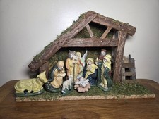 Vintage Christmas Magic Nativity Stable And 9 Porcelain Figurine Holiday Set
