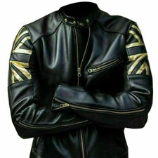 Mens Cafe Racer Union Jack UK Flag Vintage Motorcycle Biker Black Leather Jacket