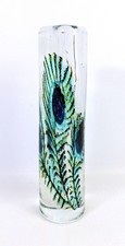 Glass By Sands Large Heavy Tall Glass Peacock Feather Patterned Vase
