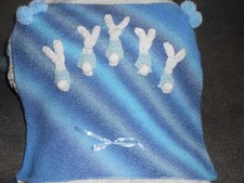Hand knitted  Blue  * Bunny* pom pom.. Baby boy Blanket +  bunny.. .* NEW*