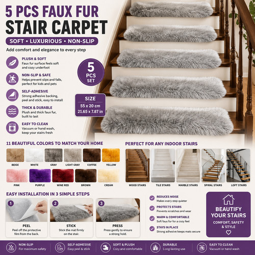 Faux fur stair treads 5pcs - faux,