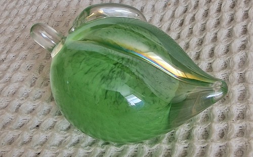 Vintage green art glass pear - green,