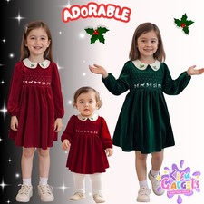 GIRLS VELVET CHRISTMAS DRESS 1-7Y Deer Bow Smocked A-Line Long Sleeve Dresses
