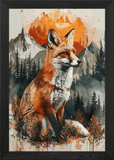 Fox Sunset Watercolor Framed