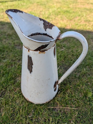Vintage white enamel water jug - white,