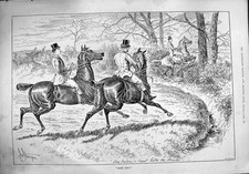 Original Old Antique Print 1890 Hunting Scene Horses Huntsmen Countryside Trees