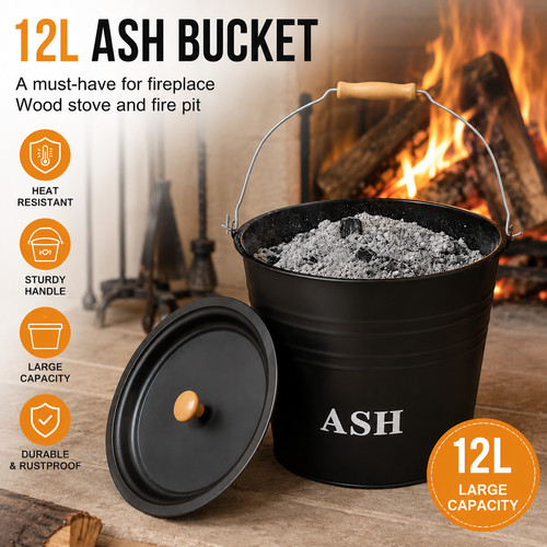 12l metal ash bucket - ash, lid