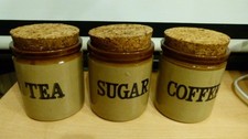 Moira Handcrafted Stoneware tea, sugar, and coffee canisters with cork lids