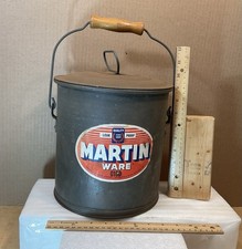 Vintage Martin Ware Lidded Metal Can wooden handle Leak proof pale Tin Can Nice
