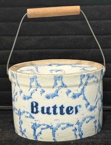 Antique blue spongeware lidded - spongeware,
