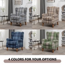 High Wing Back Armchair Tartan Fabric Chair Fireside Seat Living Room Lounge UK