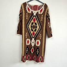 Rene Derhy Knit Dress Size Large Shift Midi Long Sleeve Aztec Boho Brown Vintage