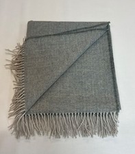 PURE WOOL Fringed Throw/Blanket/UK WOVEN. Natural/Aqua Herringbone . Free P+P