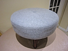 SUPERB 21 INCH DIA. ROUND GREY FABRIC FOOTSTOOL ON WOODEN LEGS