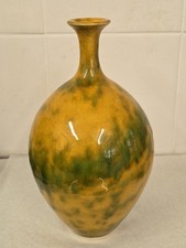 Stunning Russell Akerman Signed White Earthenware Bottle Vase Yellow/Green 7.25"