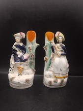 Antique Staffordshire Pottery Figures Pair Young Girl & Boy & Animals 140mm Tall