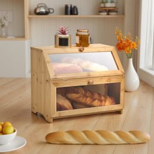 Single/Double Decker Bamboo Bread Bin Wooden Kitchen Food Loaf Container Box UK