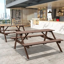 6/8 Person Wooden Picnic Benches Outdoor Table w/ Umbrella Hold Patio Garden Pub
