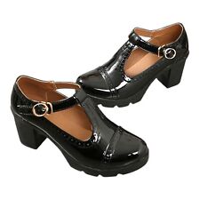 Black Patent Leather Block Heel Shoes T Bar Clip Women’s UK Size 3.5