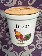 Vintage Cloverleaf Ceramic Bread Crock Bin Chicken Design Wooden Lid 25.5cm Tall