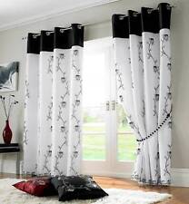 TAHITI BLACK & WHITE LINED VOILE RING TOP EYELET CURTAINS