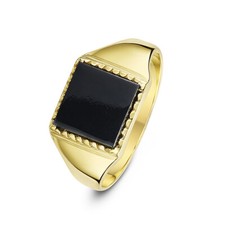 Men's 9ct Yellow Gold, Onyx Stone Square-Shaped Scalloped Edge Signet Ring
