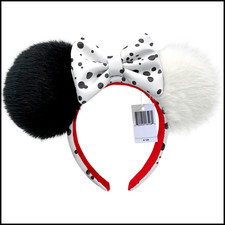 Disney` Park 101 Dalmations Cruella Devil Headband White Black Minnie Ears XMAS