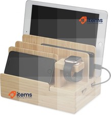 Relaxdays Charging Station For Apple Watch Bamboo Tablet Holder, Clock Stand
