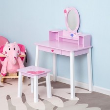 Kids Wooden Dressing Table with Stool Mirror Table and Desk Set Toys Pink